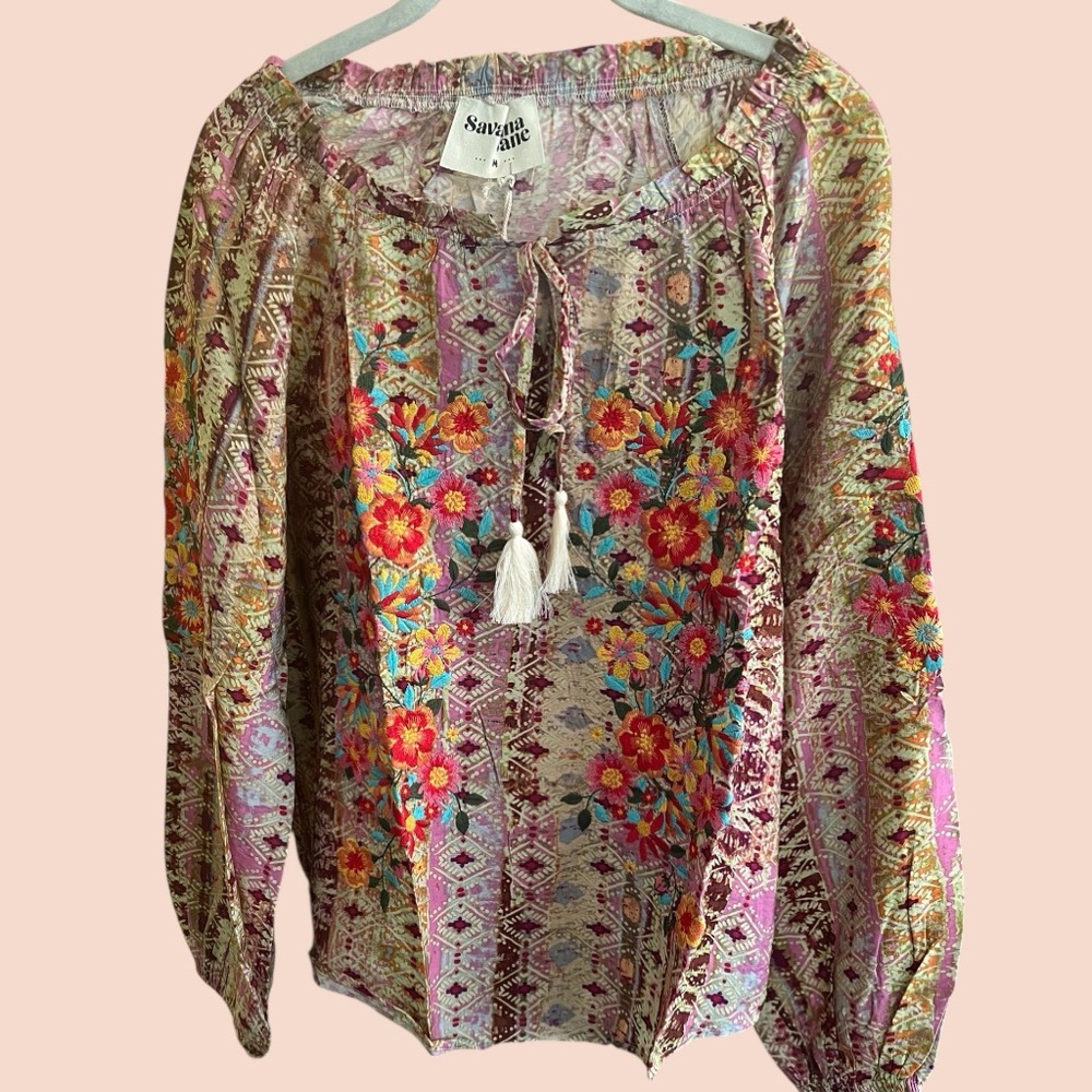 Savanna Jane Women's Floral Peasant Top - Pink Brown Multi